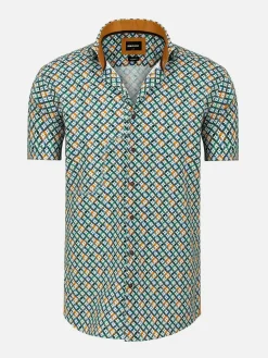 Wam Denim Asher Tailored Fit White Green Overhemd| Overhemd Korte Mouwen